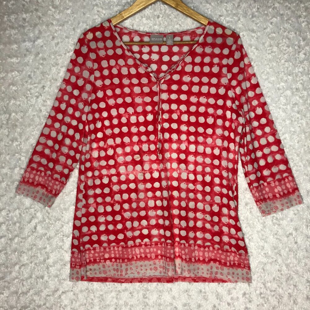Chico's Nylon Red Polka Dot Casual Women's Blouse Size 1